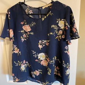 Blue floral flutter sleeve blouse